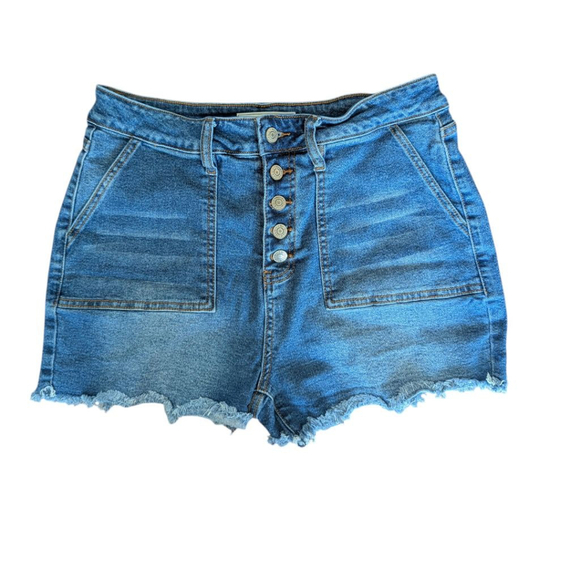 YMI Dream Denim Button Fly High Rise Raw Hem Shorts Size 13/31 Medium Wash EUC - Picture 1 of 11